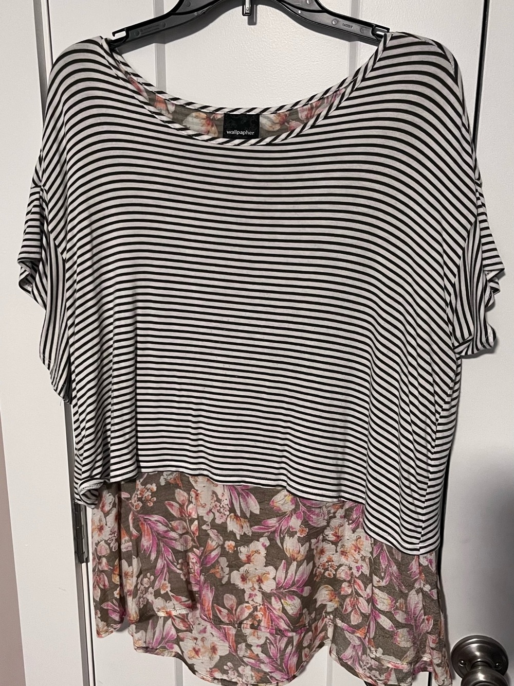 Wallpaper Striped Top with Floral Hem - sage green & White with Pink Floral